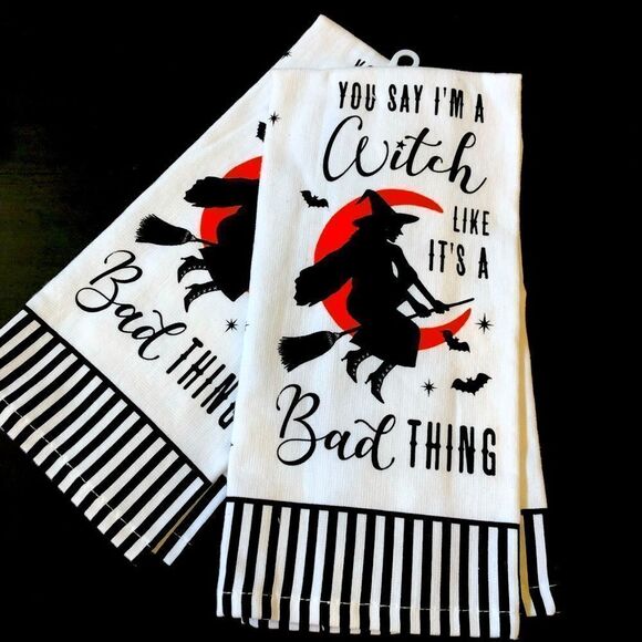 Halloween Flying Witch Kitchen Dish Towels Set - Picture 1 of 2